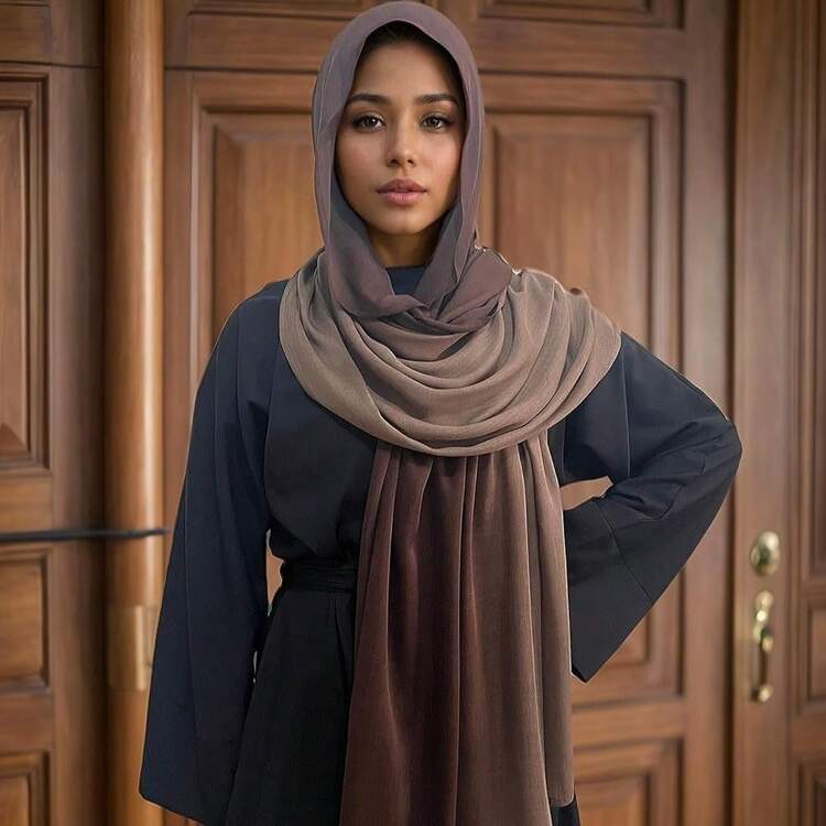 Gradient Dual Color Scarf,Elegant Ombre Headwraps Hijab, Modal Cotton Feel Lightweight Sunscreen Shawls For Women,6#Brown - 6#棕色 - 查看 4