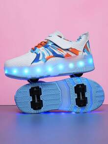 新款儿童透气网眼鞋带LED灯，户外时尚女童轮滑鞋，青少年夜光运动鞋，休闲运动