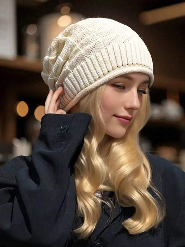 1pc Pleated Beanie Hat, Women Knitted Cap, Korean Style Single-Layer, Versatile For Spring & Summer