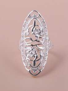 1pc Hollow Flower Design Long Ring, Antique Silver Plated Alloy, Multi-Color Options - White K - View 12