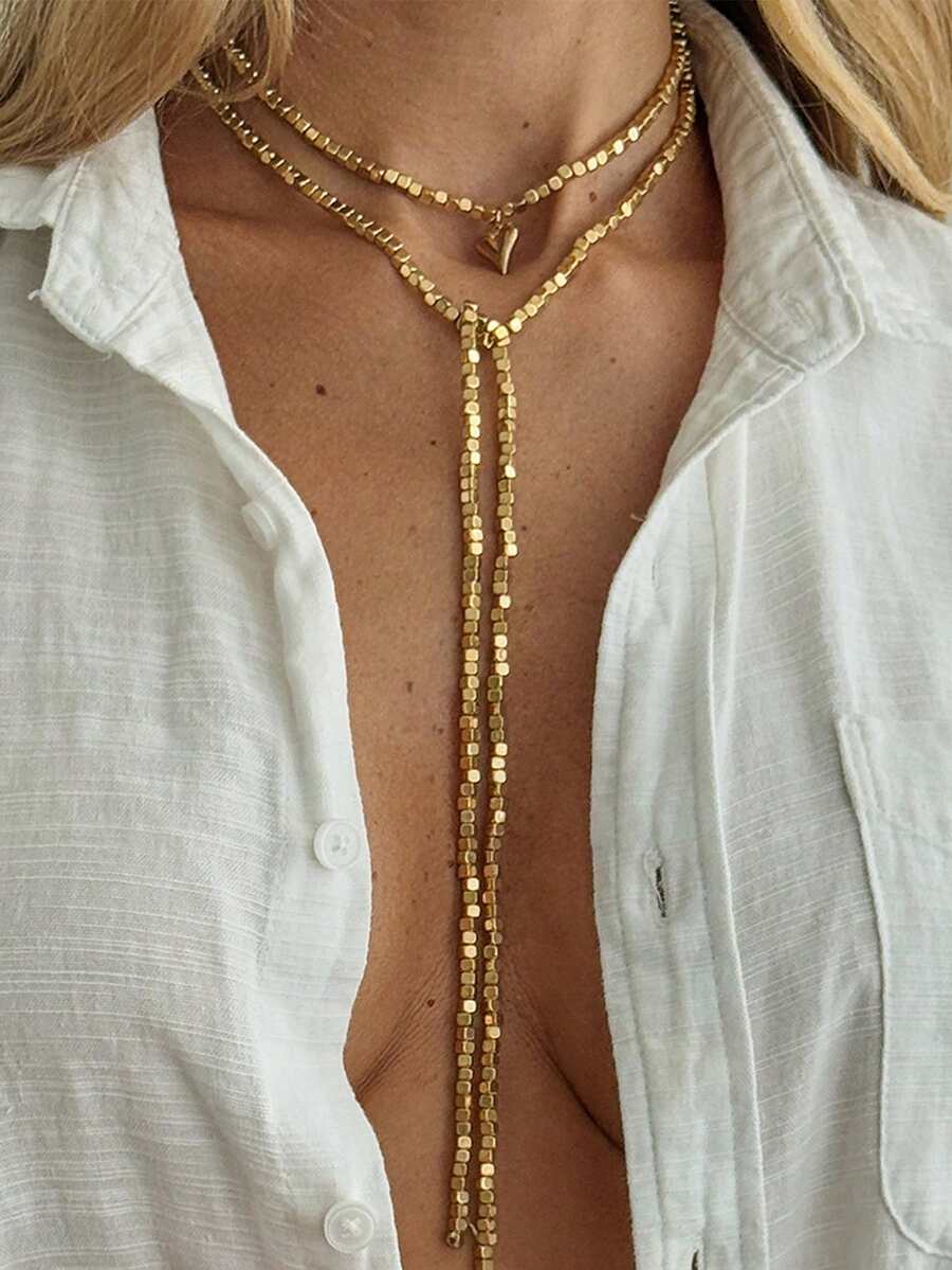 1pc Design Sense Crushed Stone Shimmering Collarbone Chain, Niche Heart-Shaped Pendant, Long Beaded Necklace Accessory - Necklace - View 1