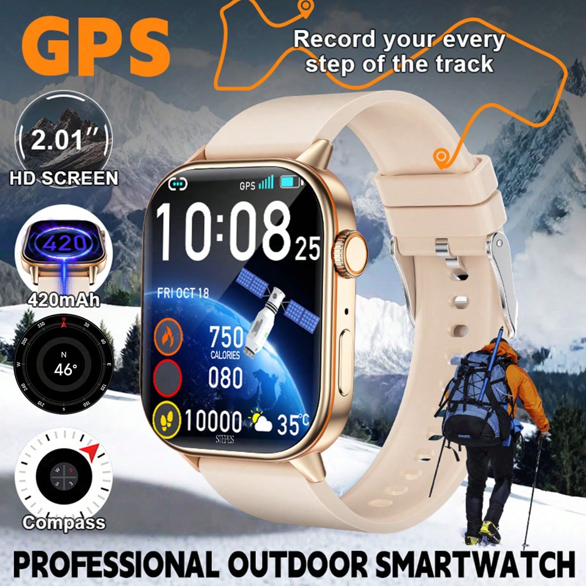 Reloj inteligente de moda 2025, pantalla grande de 2.01", batería de 420mAh, resistente al agua y al polvo IP68, compatible con comando de voz por IA