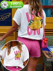 Camiseta de manga corta con cuello redondo para mujer, con estampado de limón, estilo casual, ideal para el verano y la playa. - Blanco 1 - Ver 1