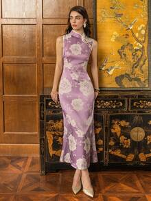 Faeriesty Ultra-Elegant New Chinese Style Sleeveless Qipao Dress: Sculptural Standing Collar & Delicate Floral Motifs – Perfect For Gala Evenings, Formal Banquets, Wedding Receptions, Diplomatic Functions, And Award Ceremonies Summer - Purple - View 4