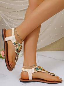 New Rhinestone Embellished Flat Sandals, Fashionable Thong Sandals For Street Wear, Suitable For Various Occasions - Beige - View 7