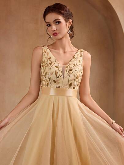 Đầm phù dâu dáng chữ A cổ chữ V đính sequin và vải lưới, đầm dự tiệc Giáng sinh, đầm dạ hội thanh lịch dành cho nữ, phù hợp cho khách dự đám cưới, lễ tốt nghiệp, dạ tiệc và các dịp khác.