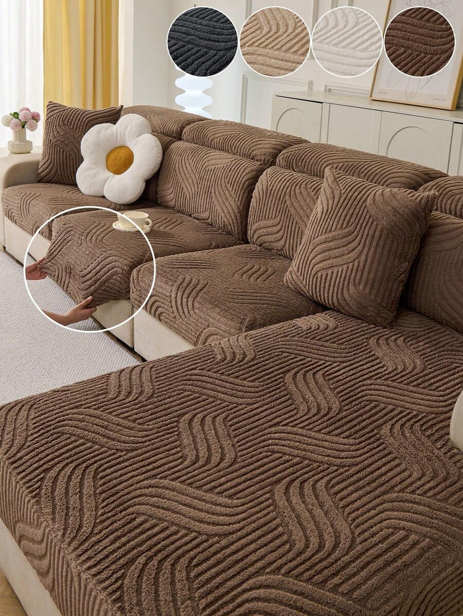 1pc Thick Warm Jacquard Soft Velvet Anti-Slip Sofa Seat Cushion Cover, Style Soft & Skin-Friendly Pet-Proof Elastic Sofa Slipcover, Autumn/Winter Anti-Scratch Sofa Skirt Fit For L-Shaped Combination Sofa And 1/2/3/4 Seat Sofa (Sold Individually) - Coffee Brown - View 1