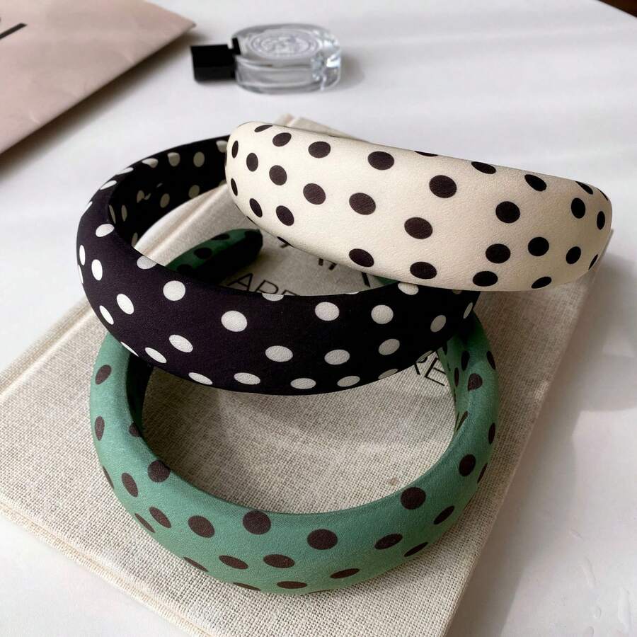 1pcs New French Retro Wide Polka Sponge Headband Fabric Elegant Versatile High Crown Pressure Hair Headband Internet Celebrity Hair Accessory Women - 黑色 - 查看 1