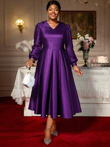 Đầm dáng chữ A thanh lịch, cổ chữ V, tay phồng, cổ bẻ kiểu vintage, chất liệu jacquard, cỡ lớn, thích hợp cho nữ mùa thu. - Màu tím - Xem 4