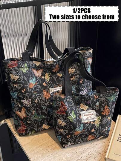1件装印花帆布手提袋，单肩包，轻便斜挎包，便捷收纳袋，女士通勤包，大容量手提包，多功能手提包，刺绣花卉单肩包，便携式收纳袋，化妆包