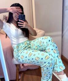 Women's Warm, Comfortable Fleece Pants With A Luxurious Green Sheep Print - Màu xanh chanh - Xem 2