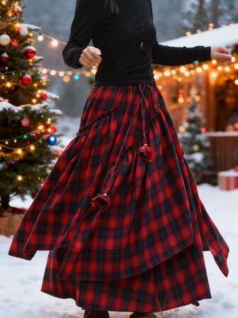 Women's Plaid Casual Bohemian Asymmetric Hem 3D Floral Decor Skirt, Christmas Red