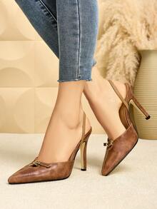 SVRM Women's Pointed Toe Vintage Leather Slip-On Mules With Metal Buckle And Elastic Band, Casual - Brown - View 1
