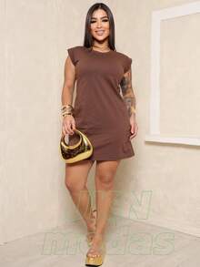 Women's CASUAL PLAIN Dress, Muscle Sleeves, 100% Cotton, Foreign Fashion - 鏽棕色 - 查看 2