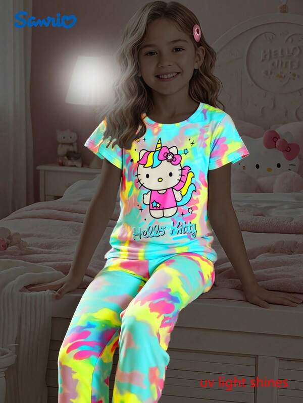 Sanrio Sanrio Hello Kitty (Glow Effect) Flame Retardant Girls Short Sleeve Pajama Set + Butterfly & Star Print Pants, 2pcs Sleepwear Set