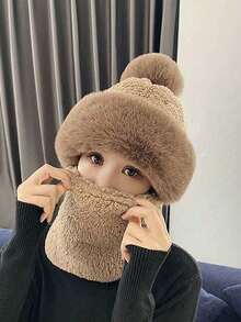 1PC Plush Warm Knit Beanie For Outdoor Cycling Ski Winter Warm Beanie With Pom Solid Color Thickened Plush Neck Gaiter Mask Windproof Hooded Ear Protection Windproof Ski Hat Winter Cycling Balaclava For Women Outdoor