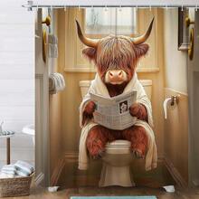 Funny Highland Bull Shower Curtain: This Shower Curtain Features A Charming Animal Print, Depicting A Bull Sitting On The Toilet Reading A Newspaper. Made Of Waterproof Polyester Fabric, This Humorous Farmhouse-Style Shower Curtain Set Includes 12 Hooks. Machine Washable And Easy To Install, It Is An Ideal Bathroom Accessory For Home, Hotel, Vacation, Or As A Gift.