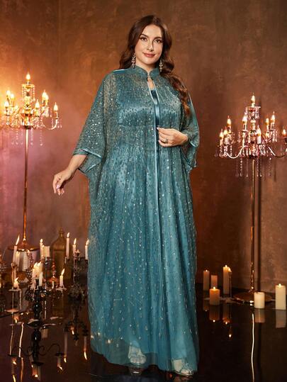  UNITHORSE Plus Size Women's Mandarin Collar Batwing Sleeve Robe, New Luxury Beaded Lace Embroidered Belt 2-Piece Turkish Abaya Dress