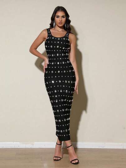 Love Aing Vestido negro de dama para atuendo de Año Nuevo, atuendo de fiesta, atuendo de invitada de boda. Elegante vestido sin tirantes con diamantes acrílicos hechos a mano, brillando en la fiesta y la boda. Vestido de invitada de boda / Año Nuevo / Festival / Cena formal lujosa y elegante / Vestido de negocios y comercial