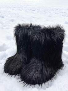 New Winter Warm Plush Faux Fur Snow Boots For Women - Dark Grey & Brown Ankle Booties With Soft Lining, Cozy Slip-On Design For Cold Weather Outdoor & Indoor Wear - 黑色 - 查看 2