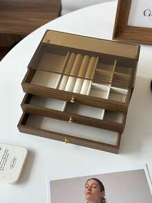 1个优质大容量木质首饰收纳盒，优雅胡桃木纹耳环项链整理盒，多功能多层抽屉式首饰盒，梳妆台上首饰柜 - 咖啡棕 - 查看 9