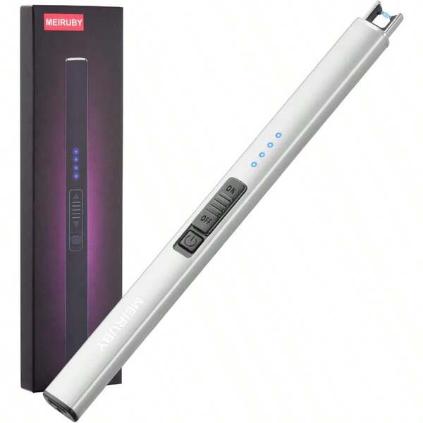 MEIRUBY Lighter Electric Candle Lighter Long Electronic Rechargeable USB Arc Windproof Flameless Lighters For Candle Camping BBQ Birthday Women's Day Gifts For Women Mom Wife Men Silver