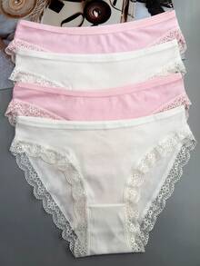 4条装女士多色字母条纹内裤，蕾丝边设计，透气面料，高弹力，舒适吸汗 - 彩色 - 查看 2