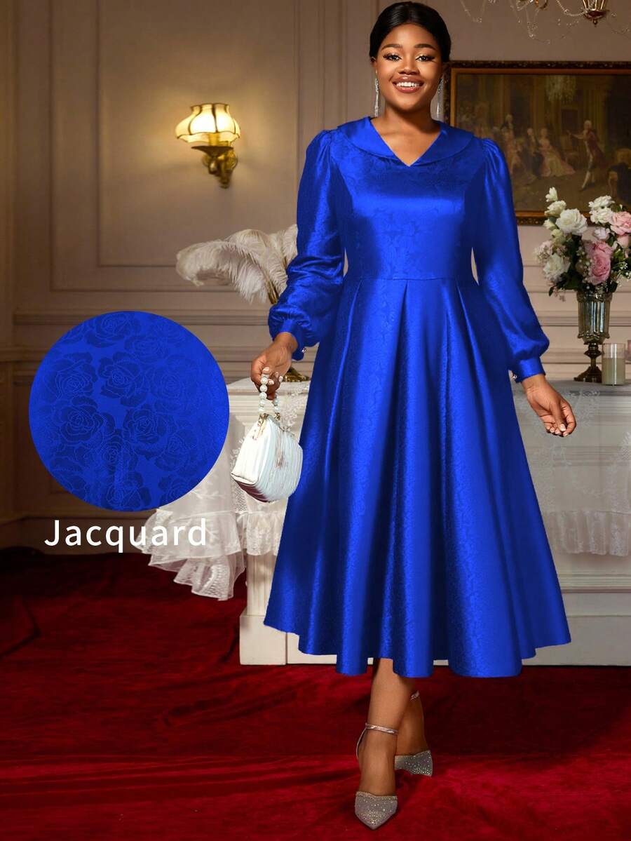 Elegant Plus Size Royal Blue Midi Dress For Women With Long Bishop Sleeves And Jacquard Fabric Flared Hem - Màu xanh lam - Xem 1