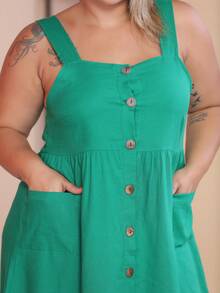 Plus Size Linen Short Dress With Button And Pocket, New Model. - Green - View 8