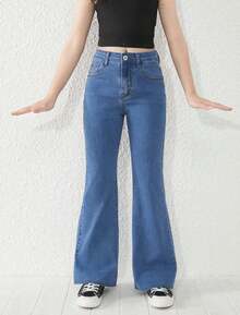 Flare Jeans For Girls, Teen Style, Cotton Denim, Sizes 10 To 16 - 中等水洗藍 - 查看 7