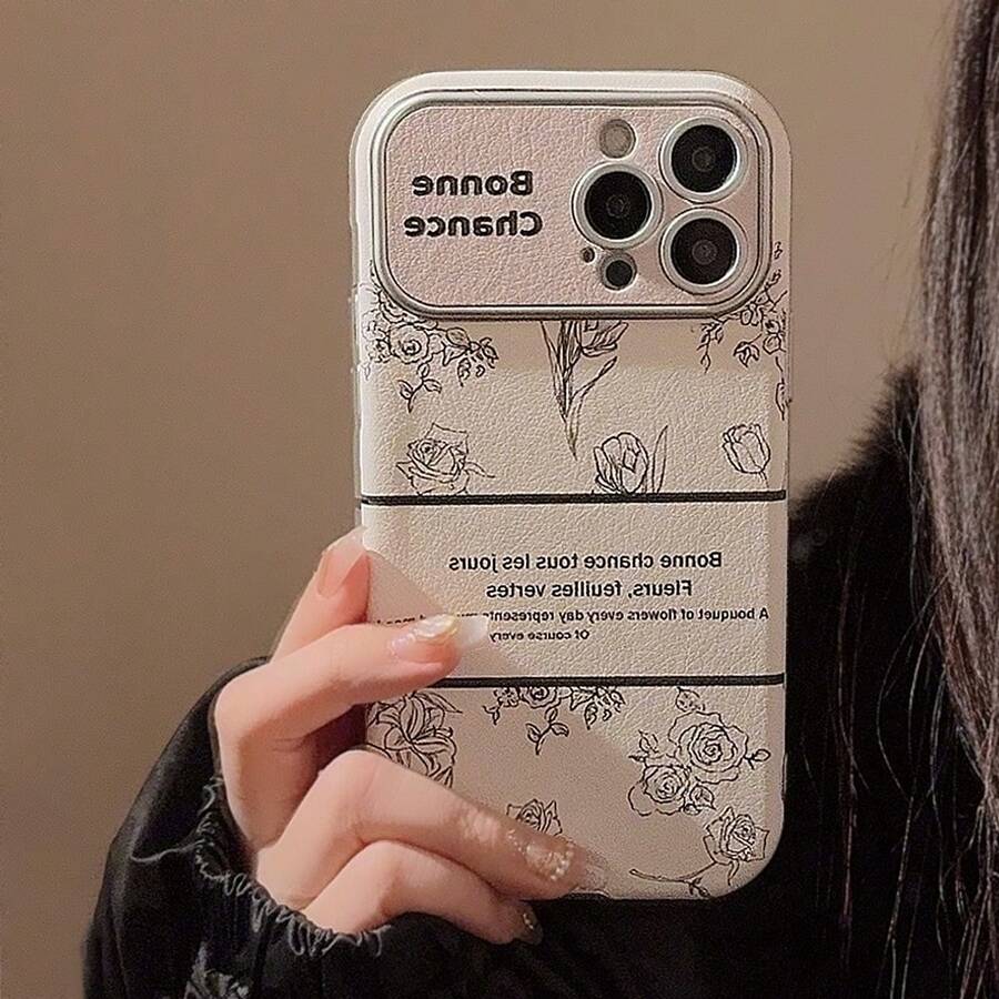1 pieza Funda protectora con estampado a cuadros de frambuesa y floral compatible con Apple 15, 16 Pro Max, 11, 14, 12 - Rosa y Blanco - Blanco - Ver 1