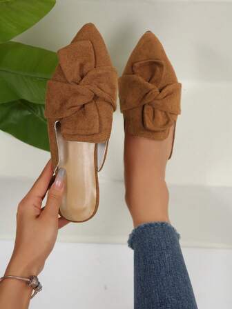 Brown Slip-On Mule Shoes, Pointed Toe Loafers For Women, Suede-Like Material, Bow Decor, Backless Design, Versatile Wear For Spring & Autumn