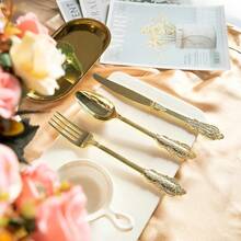 N9R 300pcs Gold Plastic Silverware Dinnerware Flatware - Heavyweight Plastic Cutlery Set With 100 Forks 100 Spoons 100 Knives For Elegant Party Thanksgiving Christmas Events Durable And Stylish Reusable Tableware - Gold - View 4