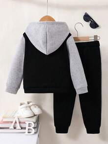 Young Boy Letter Print Contrast Color Long Sleeve Single-Breasted Hooded Jacket And Pants Casual Set - Black - View 3