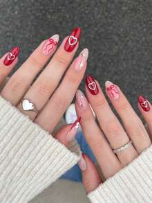 Heart-Shaped Acrylic Nails 24Pcs Valentine's Day Medium Almond Shape Press On Nail Tips, Y2K Red & Pink Fake Nail Set With Bow/Star/Heart/Flower Designs, Suitable For Women And Girls For Daily Wear At Nail Salons/Holiday Decorations And New Year Gifts - Multicolor - View 1