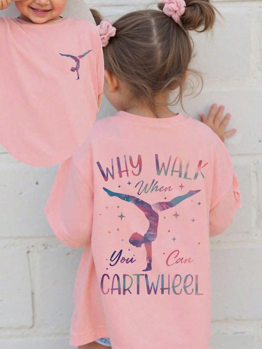 Tween Girls Playful Slogan Tee With Gymnastics Graphic,Spring Summer Dance Class Style,Girls Clothes Tween Tops - Pink - View 1