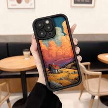 Cubierta de teléfono con borde negro diseño de paisaje al atardecer con casa en campo naranja y cielo dramático para uso diario en cafeterías y espacios interiores Aplicable a los teléfonos de la serie Apple y Galaxy - Negro - Ver 2