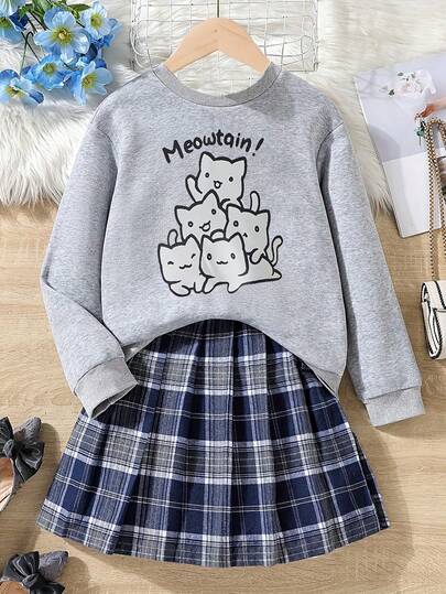 [Bestseller Recommendation] Meowtain! Cute Cat Stack Print Girls Sweatshirt + Pleated Skirt | Spring/Autumn Outfit For Outings And School | Sweet & Adorable