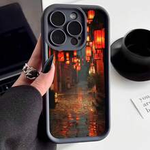 Cubierta de teléfono con borde negro diseño de callejón tradicional con farolillos rojos y reflejos en agua para uso diario y ocasiones especiales - Burdeos - Ver 3