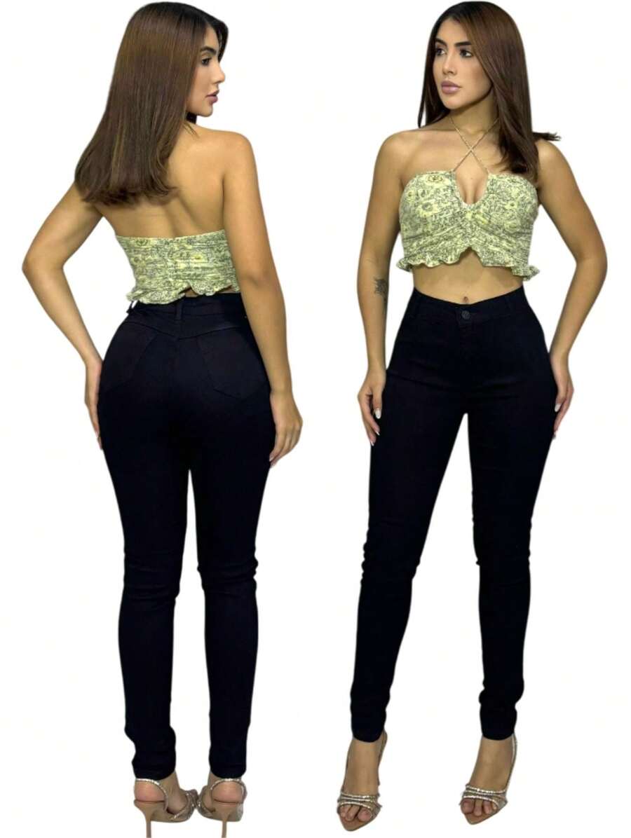Calça jeans branca feminina skinny lisa Cintura alta - Preto - Visão 1