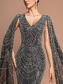 Women's Elegant V-Neck Cape-Like Ultra-Long Slit Sleeve Sparkly Beaded Floor-Length Party Gown – Form-Fitting Mermaid Skirt For Formal Parties, Galas & High-End Events