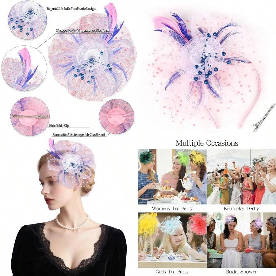Fascinators Hats For Women Tea Party Flower Pearl Feather Wedding Fascinator Hat Derby Hats For Women Girls - Pink White Blue - View 1