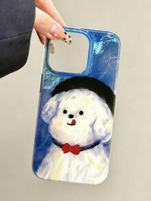 1个可爱复古油画图案吐舌小狗手机壳，兼容苹果 16 Pro Max 13 14 15 16 17 Pro/Pro Max、16 Plus、17 Air官方保护套 - 藍白色 - 查看 6