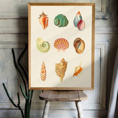1 件/套 复古贝壳帆布海报 - 古董海滩贝壳图 - 装饰艺术风格墙面艺术印刷品 - 无框复古卡通插画，适用于客厅、卧室、家庭办公室装饰 - 帆布水墨画 - 室内使用 - 春冬季 - 竖版，不含画框