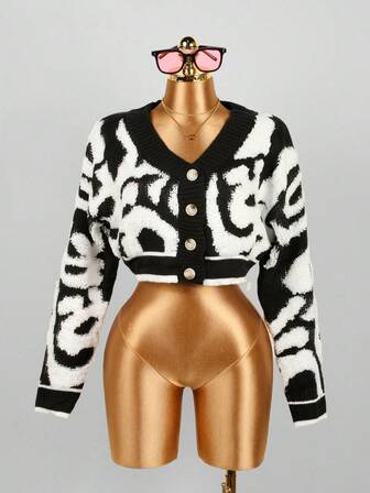 女士V领纽扣短款针织开衫，休闲长袖保暖针织外套