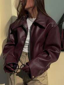 Plus Size Solid Color Zip-Up Casual Jacket, Autumn/Winter - Burgundy - View 2
