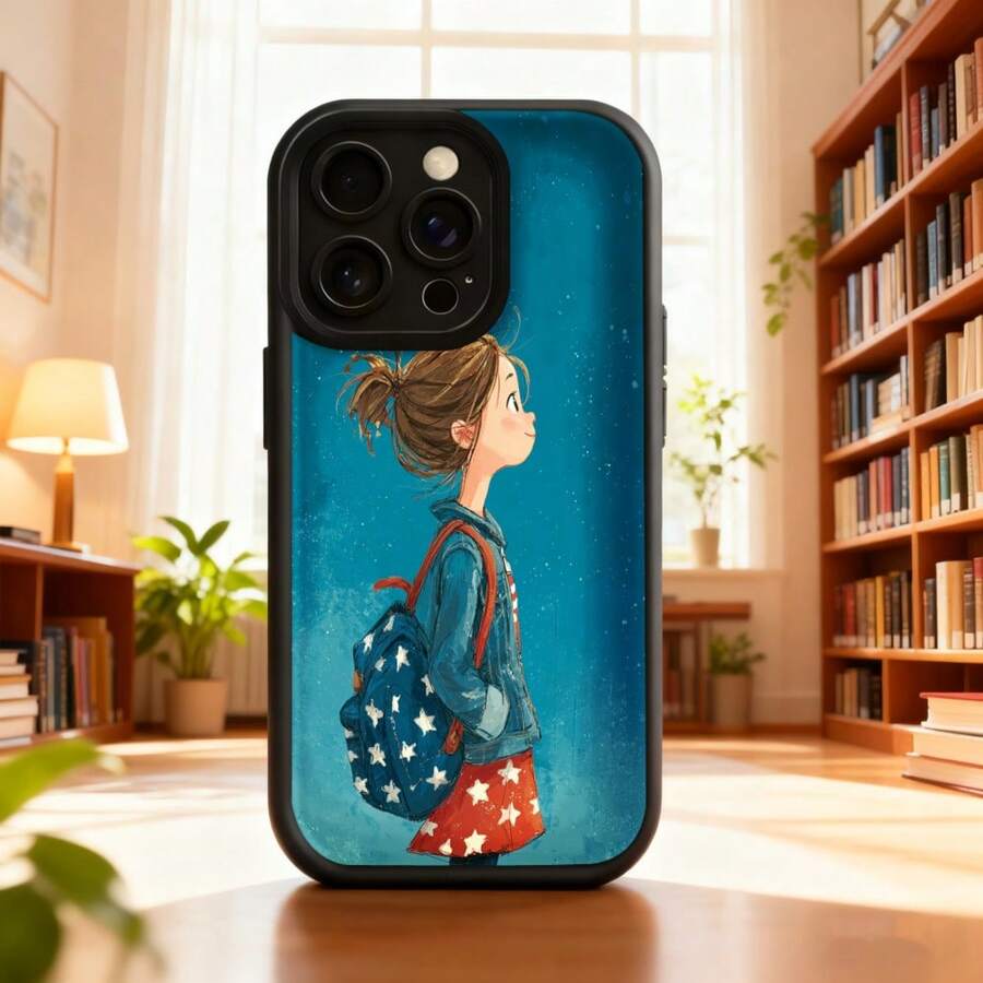 Cubierta de telefono celular azul con estampado de niña con mochila estrellada y vestido rojo para uso diario en biblioteca o escuela Aplicable a teléfonos Apple y Galaxy - Blanco - Ver 1