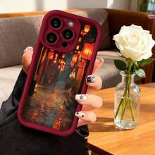 Cubierta de teléfono con borde negro diseño de callejón tradicional con farolillos rojos y reflejos en agua para uso diario y ocasiones especiales - Burdeos - Ver 7