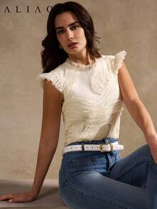 Aliao 优雅 3D 波纹刺绣褶皱吊带背心，宫廷风，吸睛单品，适合新年、情人节、优雅女士、海滩度假、感恩节、毕业季等场合。 - 杏色 - 查看 2