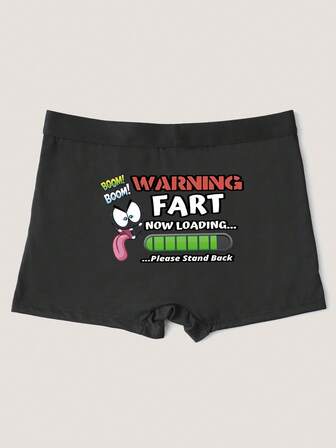 男士时尚黑色平角内裤，印有“警告：正在加载”字样，透气图案短款内裤